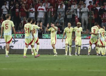 Players of España celebrate after scoring the 0-4 goal during the FIFA World Cup 2026