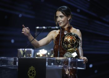 Barcelona's Aitana Bonmati accepts the Women's Ballon d'Or during the Ballon d'Or 2025