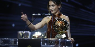 Barcelona's Aitana Bonmati accepts the Women's Ballon d'Or during the Ballon d'Or 2025