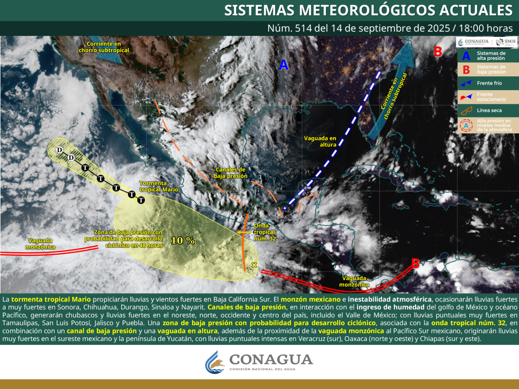 Mapa de México con regiones en alerta por lluvias intensas el 15 de septiembre de 2025.