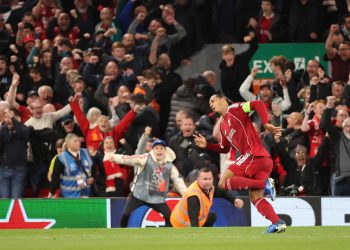 Liverpool Virgil van Dijk celebrates after scoring the 3-2 during the UEFA