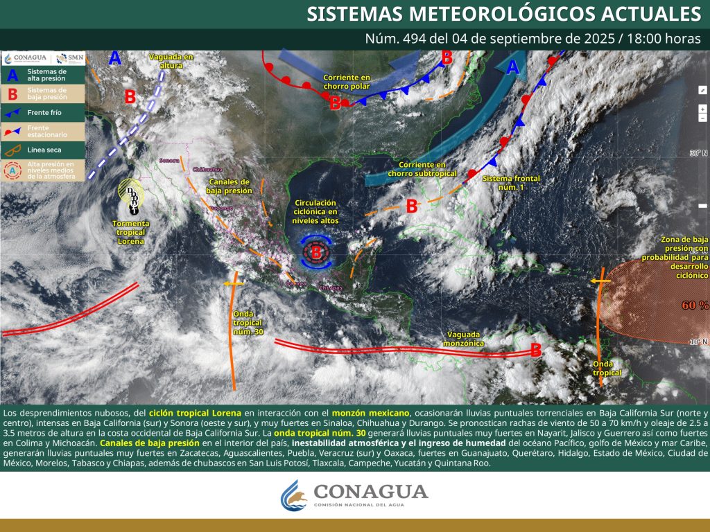 Tormenta con nubosidad densa sobre Baja California Sur, pronóstico 05 de septiembre 2025