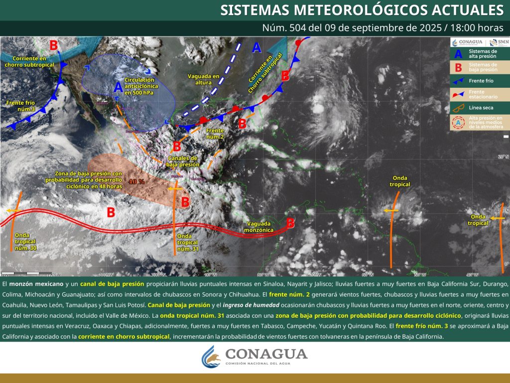 Mapa de pronóstico de lluvias y frentes fríos en México