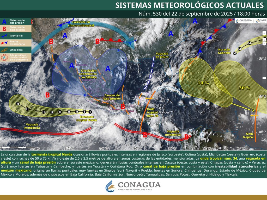 Imagen satelital del huracán Narda al suroeste de Jalisco con nubosidad densa sobre el Pacífico mexicano.