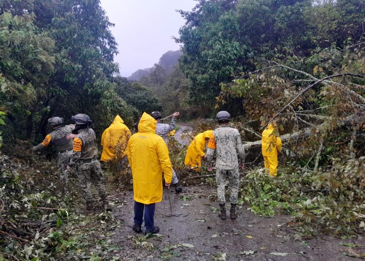 Fotografía de elementos del Ejército y Guardia Nacional realizando labores de limpieza o rescate en zonas afectadas por lluvias en Querétaro.