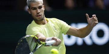 Carlos Alcaraz of Spain in action during his second round match against Cameron Norrie