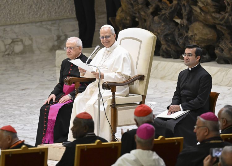 El papa León XIV pidió a los peregrinos que asistieron a las canonizaciones de este domingo de los venezolanos José Gregorio Hernández y Carmen Rendiles que tomen su ejemplo para afrontar las problemáticas de la vida.. EFE/ Mario Tomassetti/dicasterio Para La Comunicación Del Vaticano