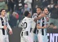 La Juventus' Federico Gatti (R) celebrates after scoring the 2-1 goal during the Italian Serie A