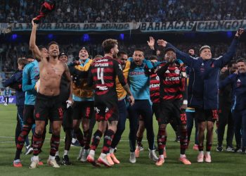 Jugadores de Flamengo celebran este miércoles, al final del partido de vuelta por la semifinal de la Copa Libertadores