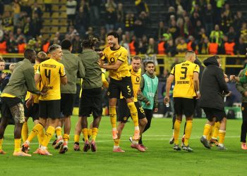Players of Borussia Dortmund celebrate winning the UEFA Champions League