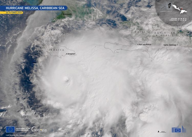 El huracán Melissa se intensifica a categoría 5 sobre el mar Caribe. EFE/ Unión Europea, Imágenes De Sentinel-3 De Copernicus
