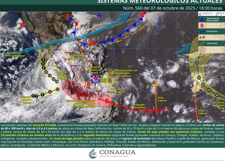 “Huracán Priscilla provoca oleaje elevado y lluvias torrenciales en Baja California Sur este 8 de octubre de 2025”