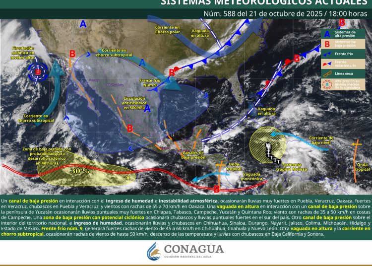 “Mapa del pronóstico de lluvias muy fuertes en Veracruz, Oaxaca y Chiapas por canales de baja presión y onda tropical 39”