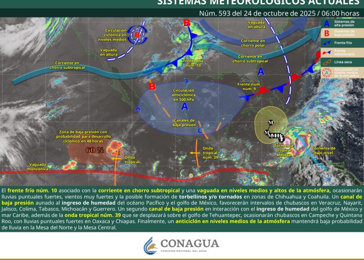Mapa del pronóstico del clima en México por el Frente Frío Núm. 10 el 24 de octubre de 2025