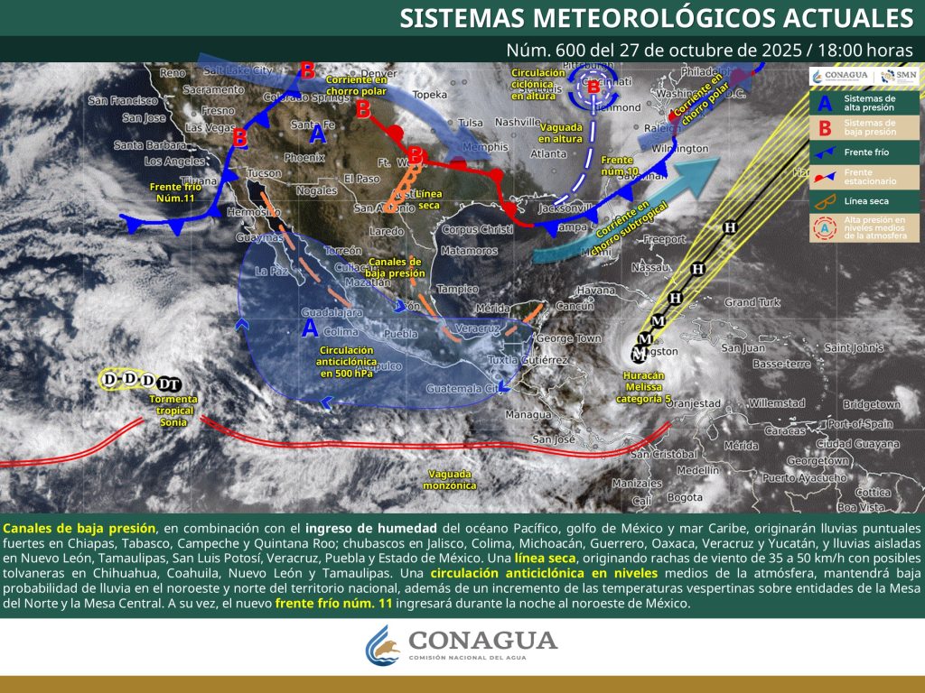 Mapa meteorológico de México con el recorrido del frente frío número 11 y zonas afectadas por vientos fuertes y lluvias.