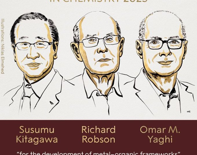 “Susumu Kitagawa, Richard Robson y Omar Yaghi reciben el Premio Nobel de Química 2025 por el desarrollo de estructuras metal-orgánicas”