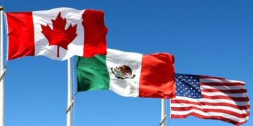 Logotipos del T-MEC y banderas de México y EE.UU.