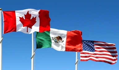 Logotipos del T-MEC y banderas de México y EE.UU.
