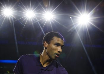 Felix Auger-Aliassime of Canada looks on during his semifinal match against Alexander Bublik