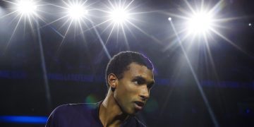 Felix Auger-Aliassime of Canada looks on during his semifinal match against Alexander Bublik