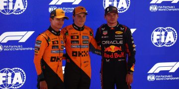 Polesitter McLaren driver Oscar Piastri of Australia (C), second place McLaren driver Lando Norris