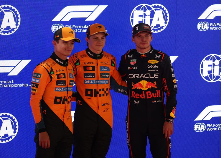 Polesitter McLaren driver Oscar Piastri of Australia (C), second place McLaren driver Lando Norris