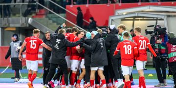 The Team of Austria celebrate a goal during the FIFA World Cup 26 UEFA qualifier between Austria