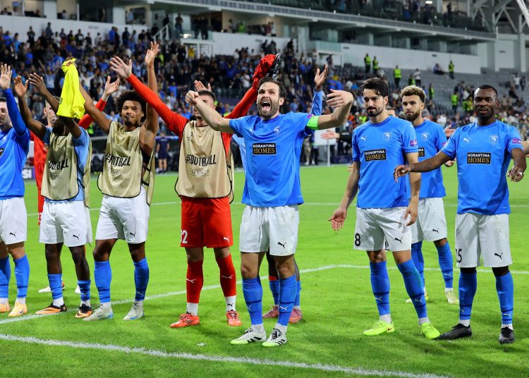 Players of Pafos celebrate after the UEFA Champions League league phase match