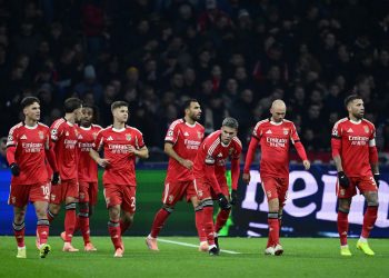 Benfica players celebrate the 0-1 during the UEFA Champions League match between AFC Ajax