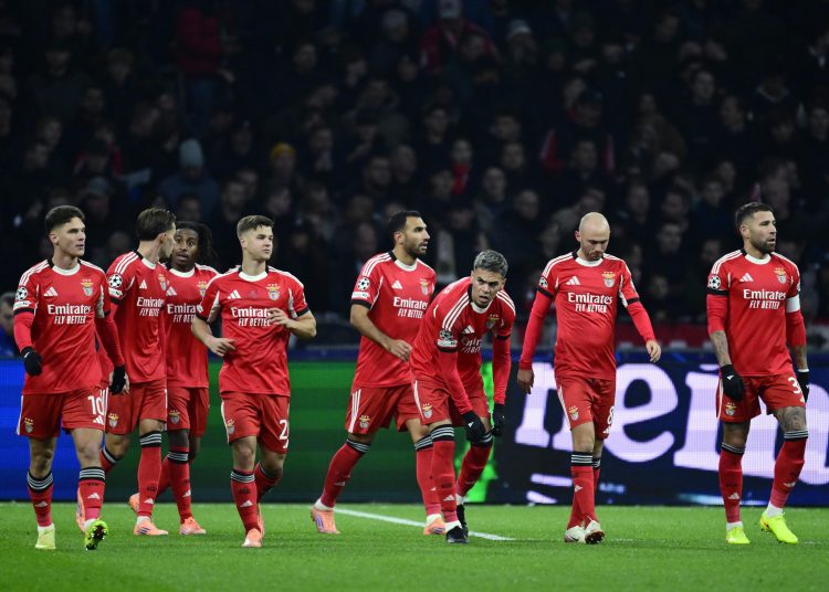 Benfica players celebrate the 0-1 during the UEFA Champions League match between AFC Ajax
