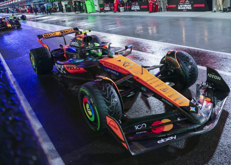 McLaren driver Lando Norris of Britain on pit lane during the qualifying session for the Formula One Las Vegas Grand Prix
