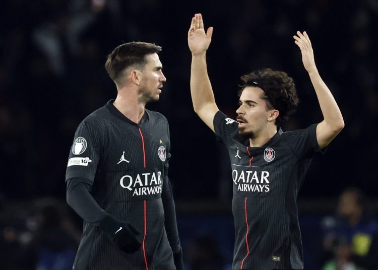 Vitinha of PSG celebrates after scoring a goal during the UEFA Champions League