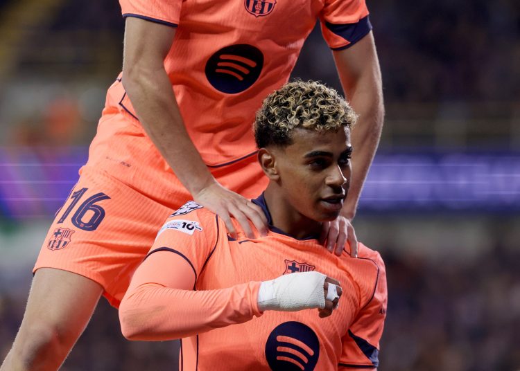 Lamine Yamal of Barcelona celebrates after scoring his team's second goal during the UEFA Champions League