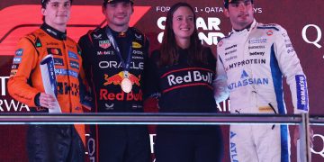 Second-placed McLaren driver Oscar Piastri of Australia, first-placed Red Bull Racing driver Max Verstappen
