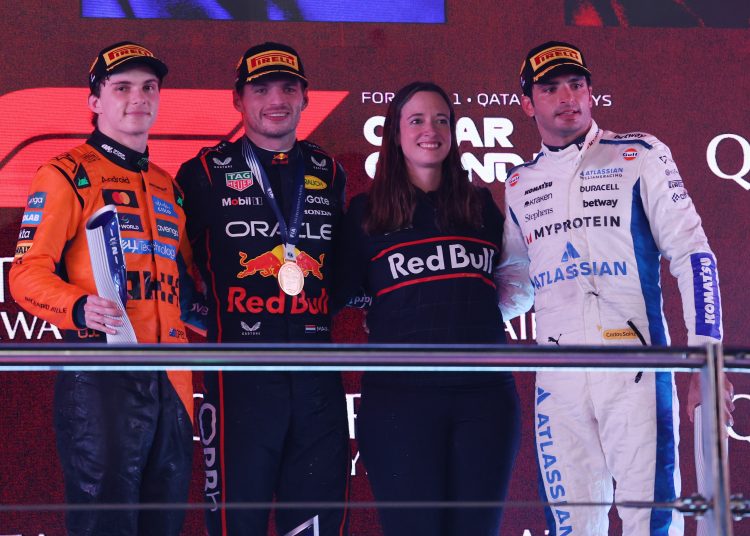 Second-placed McLaren driver Oscar Piastri of Australia, first-placed Red Bull Racing driver Max Verstappen
