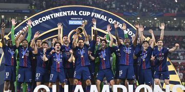 Players of PSG line up ahead of the FIFA Intercontinental Cup 2025 match between Paris Saint-Germain