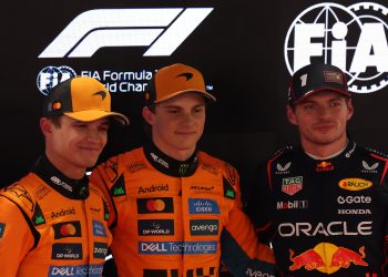 Polesitter McLaren driver Oscar Piastri of Australia (C), second place McLaren driver Lando Norris of Britain (L), and third place Red Bull Racing driver Max Verstappen