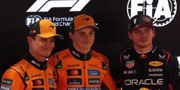 Polesitter McLaren driver Oscar Piastri of Australia (C), second place McLaren driver Lando Norris of Britain (L), and third place Red Bull Racing driver Max Verstappen