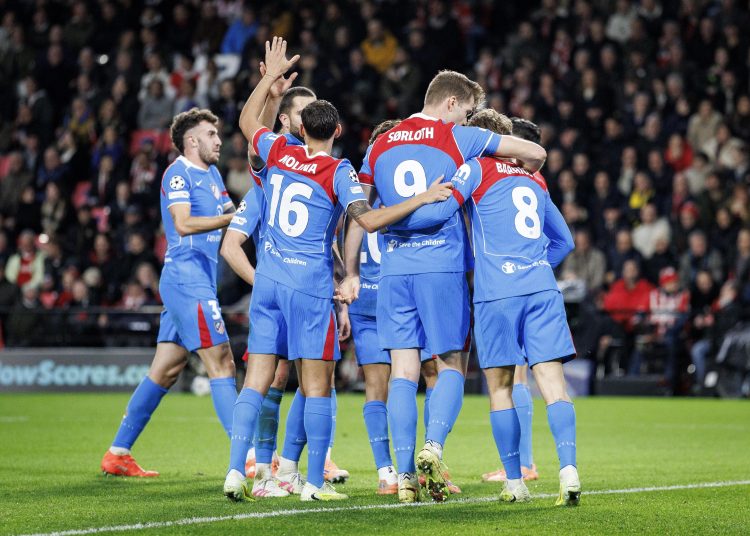 Atletico Madrid players celebrate the 3-1 goal by Alexander Sorloth during the UEFA Champions