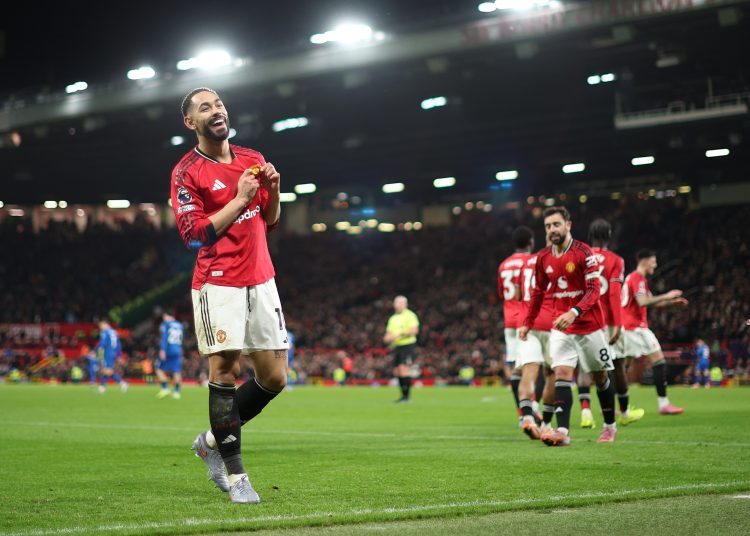 Matheus Cunha of Manchester United celebrates scoring the 4-3 goal during the English Premier League match between Manchester