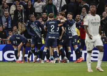 Los jugadores del Celta celebran el segundo gol ante el Real Madrid, durante el partido de LaLiga de fútbol que Real Madrid