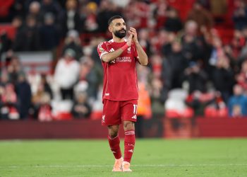 Mohamed Salah of Liverpool greets supporters after the English Premier League match between Liverpool