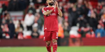 Mohamed Salah of Liverpool greets supporters after the English Premier League match between Liverpool