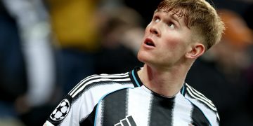 ewis Hall of Newcastle looks on during the UEFA Champions League match between Newcastle United and PSV Eindhoven