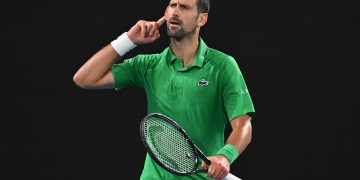 Novak Djokovic of Serbia reacts after winning the Men’s 3rd round match against Botic Van De Zandschulp