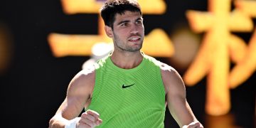 Carlos Alcaraz of Spain celebrates match point during the Men's 2nd round match agains
