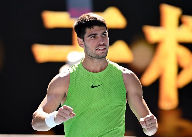 Carlos Alcaraz of Spain celebrates match point during the Men's 2nd round match agains