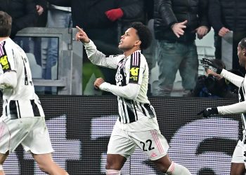 Juventus' Weston McKennie (C) celebrates after scoring a goal during the UEFA Champions League