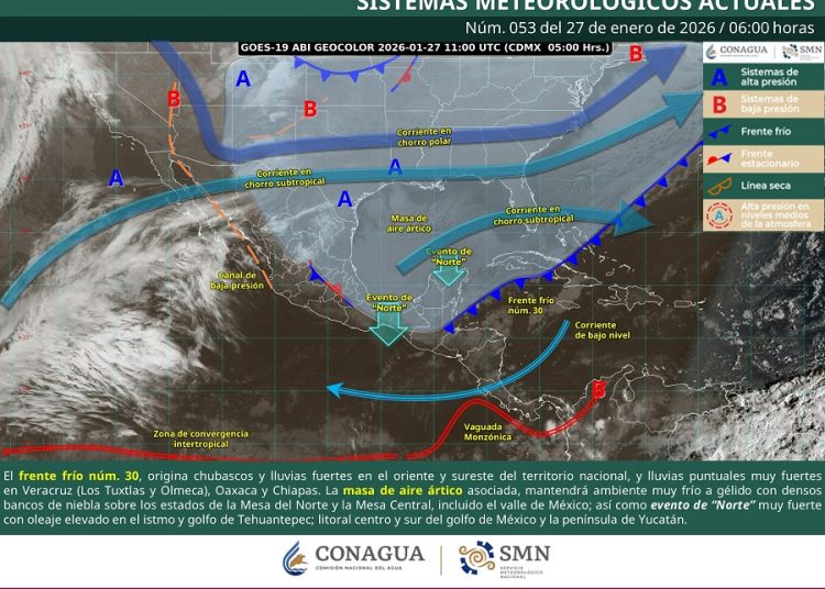 Frente frío 30 deja lluvias intensas, vientos extremos y frío severo en México