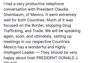Trump destaca llamada con Sheinbaum y elogia su liderazgo